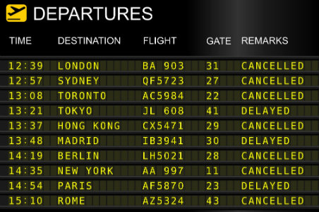 A arrival and departure board at an airport or train station