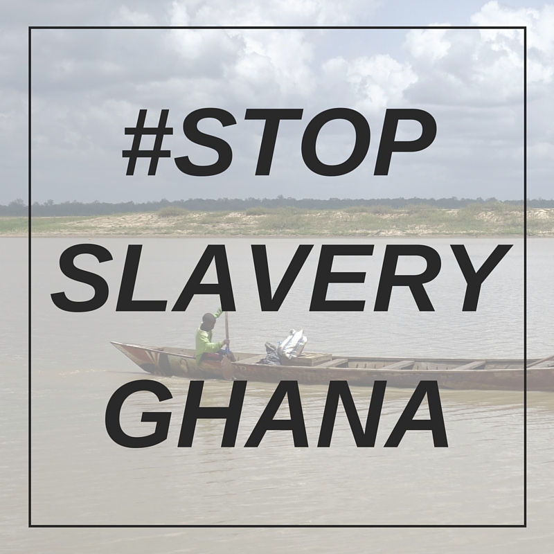 A transparent picture of a boy on a canoe overlaid with #Stop Slavery Ghana